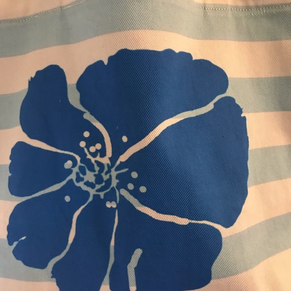 NWT- Bright Blue Flower Handprinted on Blue and White Stripe Tote Bag. - Picture 4 of 9